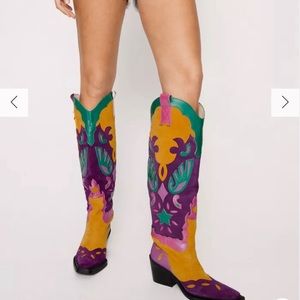 BOOHOO LEATHER AND SUEDE COLOR BLOCK COWBOY BOOTS